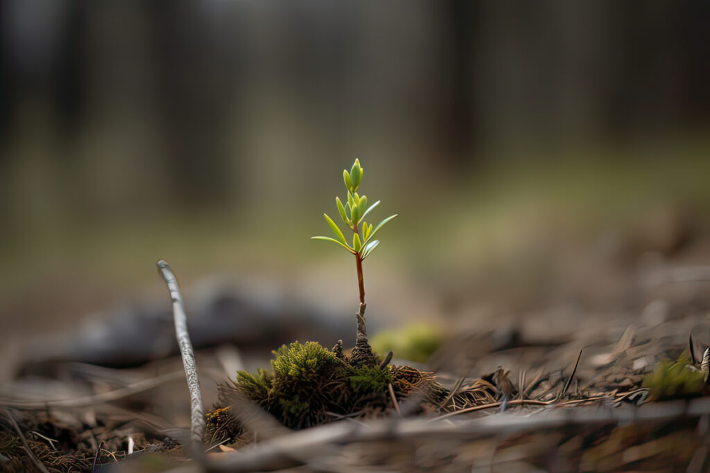 Plant seeding growing from the dirt on a sunny day in the morning at forest, Environment concept